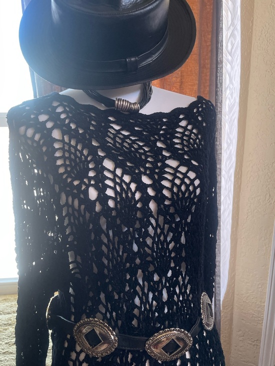 Hand Crafted Tops - Vintage 90’s Boho Grunge Gothic Black Crochet Open-Knit Sweater Top dress Med